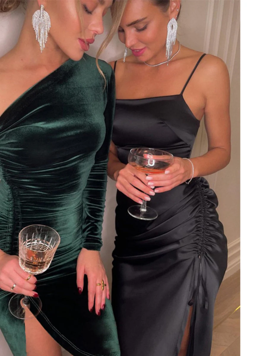 Oblique Shoulder Style Slit Tight Fit Cocktail Midi Dress - Image 8