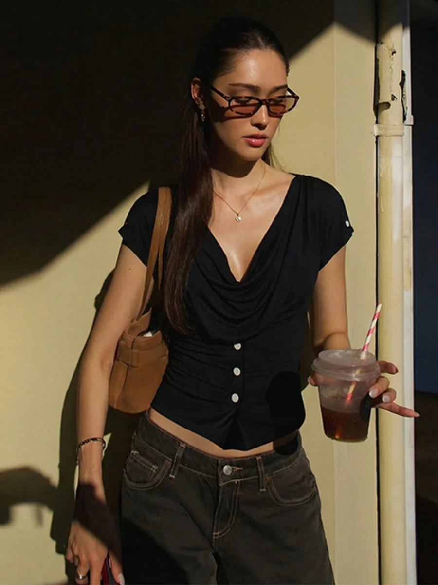 Draped Collar Buttons Slim-fit Jacket T-shirts - Image 3