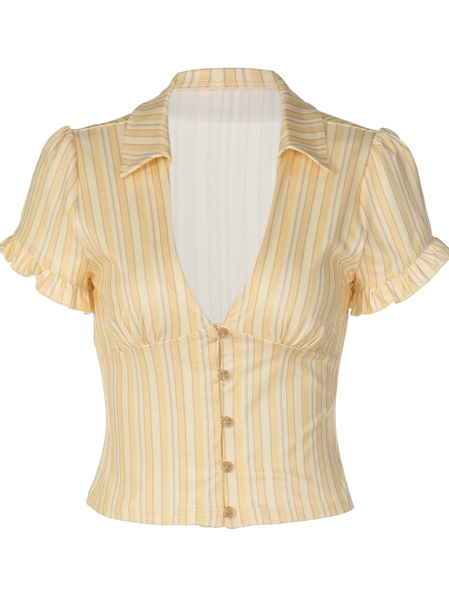 Retro Buttons Stripes Sexy Shirts - Image 5