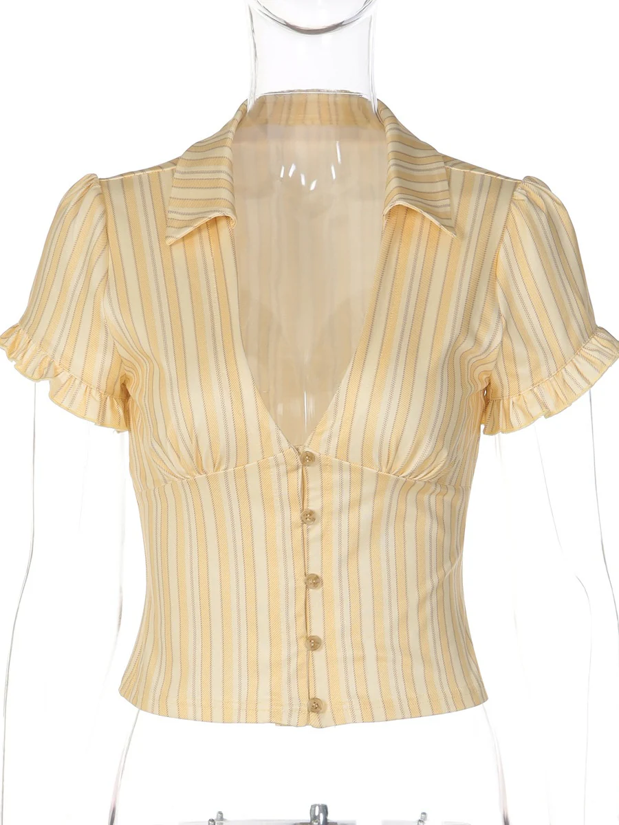 Retro Buttons Stripes Sexy Shirts - Image 6