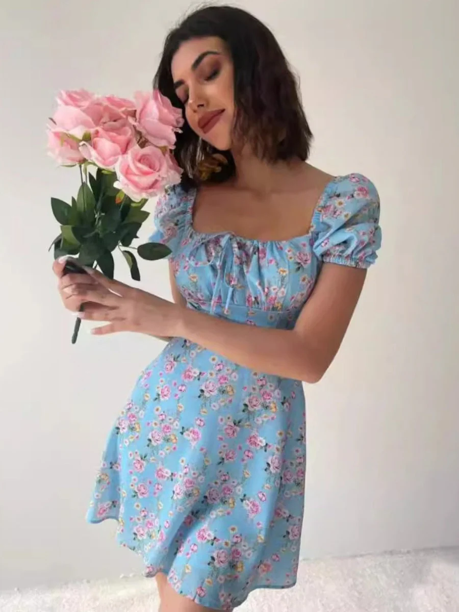 Zipper Floral Printed Short sleeve Mini&Short Dresses - Image 2