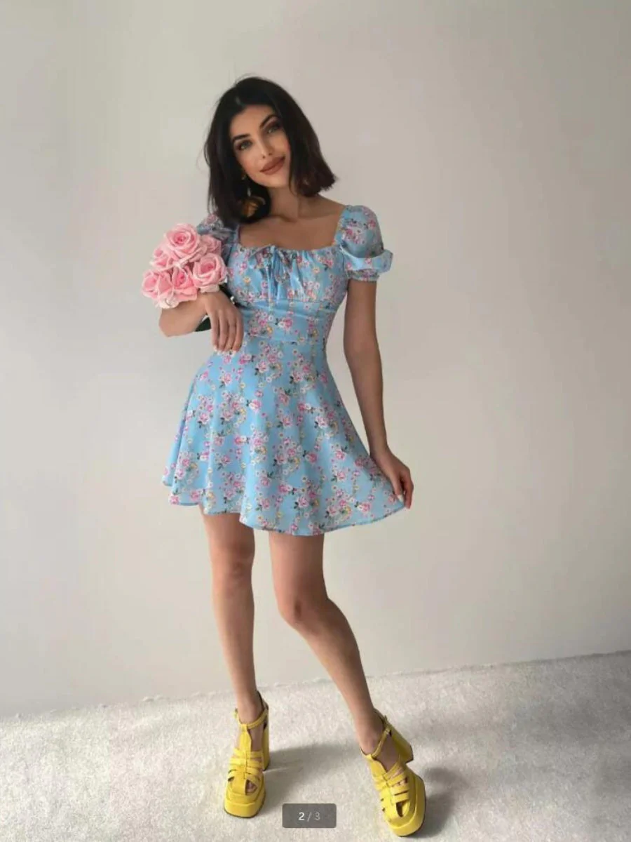 Zipper Floral Printed Short sleeve Mini&Short Dresses - Image 3