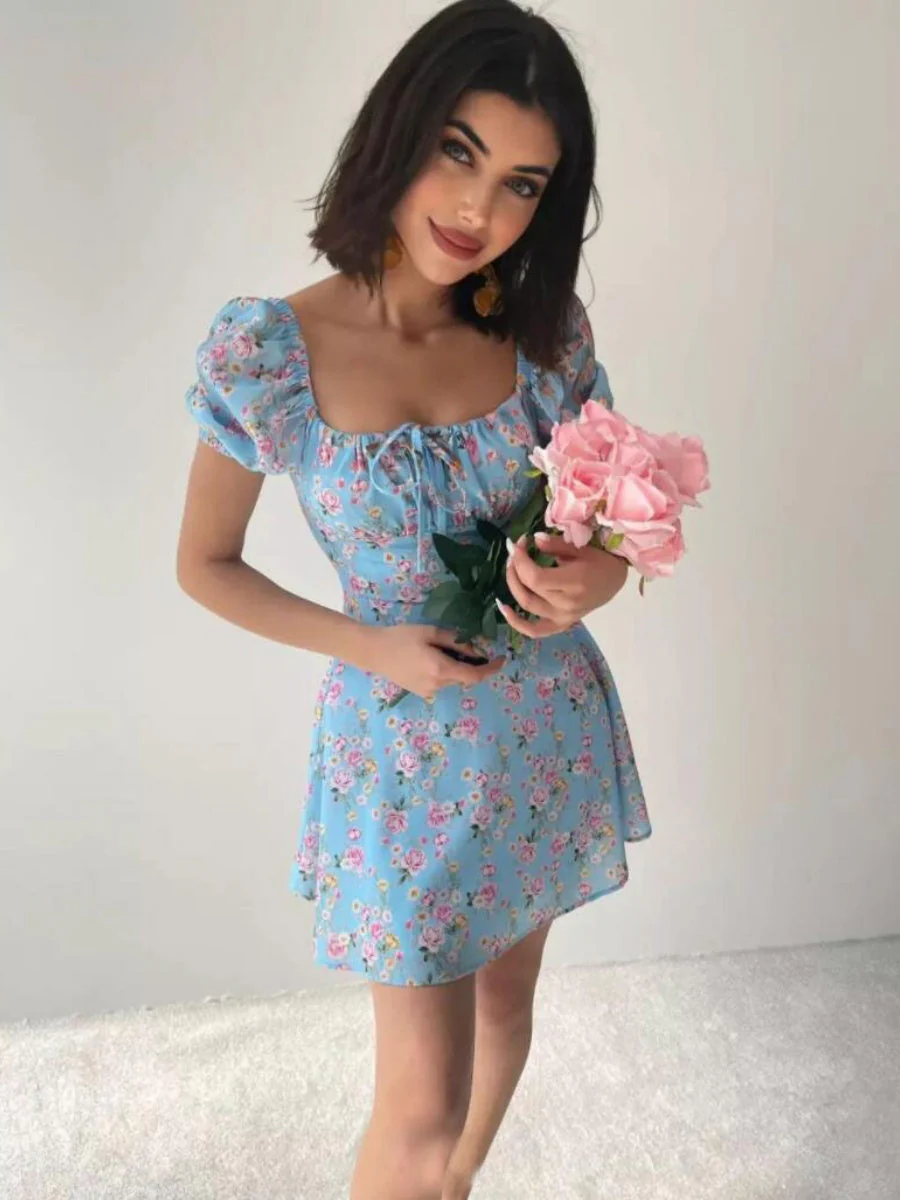 Zipper Floral Printed Short sleeve Mini&Short Dresses - Image 4