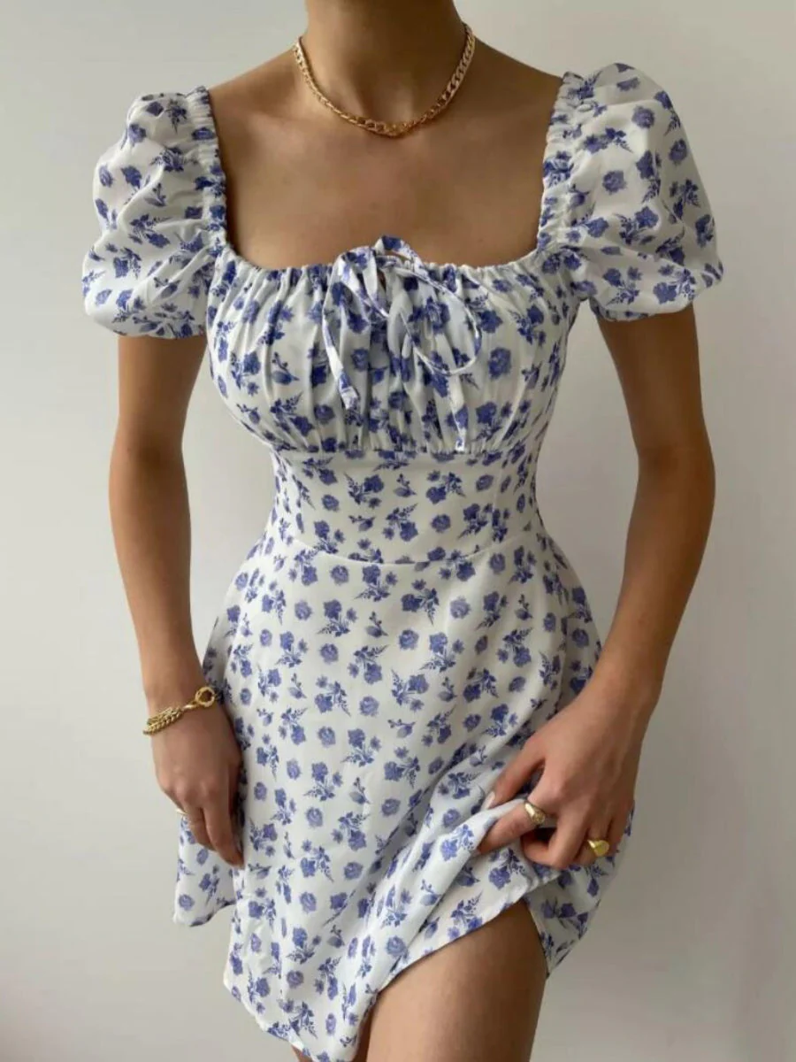 Zipper Floral Printed Short sleeve Mini&Short Dresses - Image 5