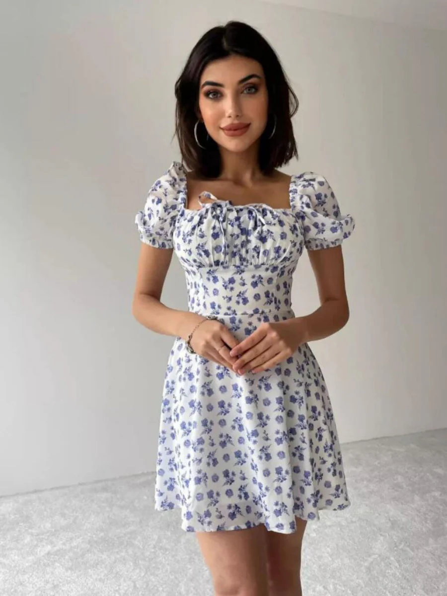 Zipper Floral Printed Short sleeve Mini&Short Dresses - Image 6