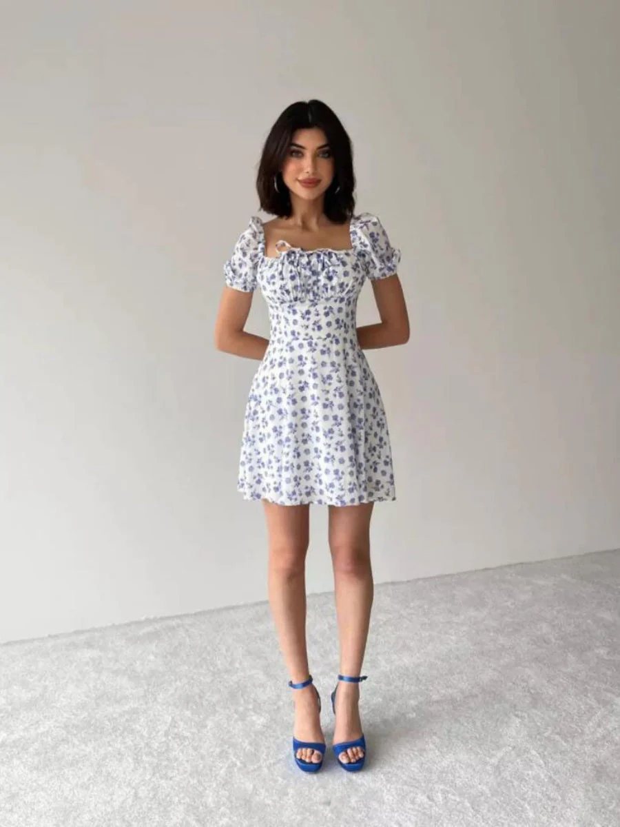 Zipper Floral Printed Short sleeve Mini&Short Dresses - Image 7