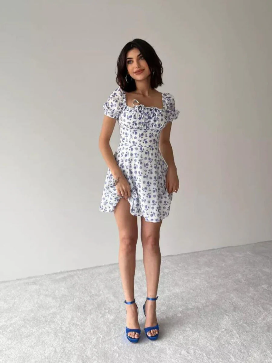 Zipper Floral Printed Short sleeve Mini&Short Dresses - Image 8