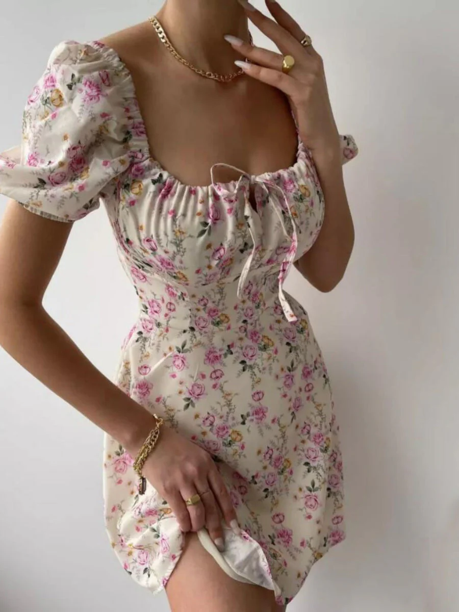 Zipper Floral Printed Short sleeve Mini&Short Dresses - Image 9