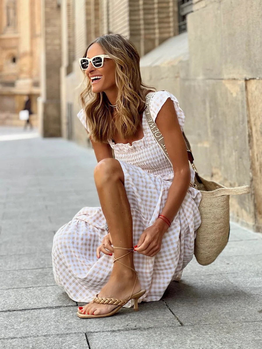 Patchwork Plaid Halter Elasticated Maxi Dress - Image 3