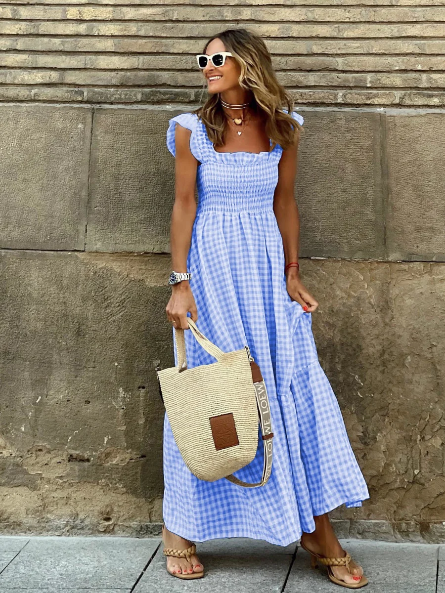 Patchwork Plaid Halter Elasticated Maxi Dress - Image 5