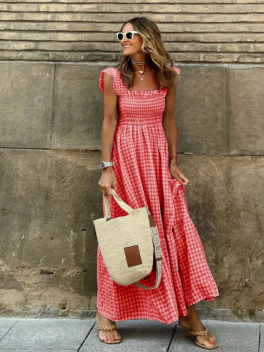 Patchwork Plaid Halter Elasticated Maxi Dress - Image 6