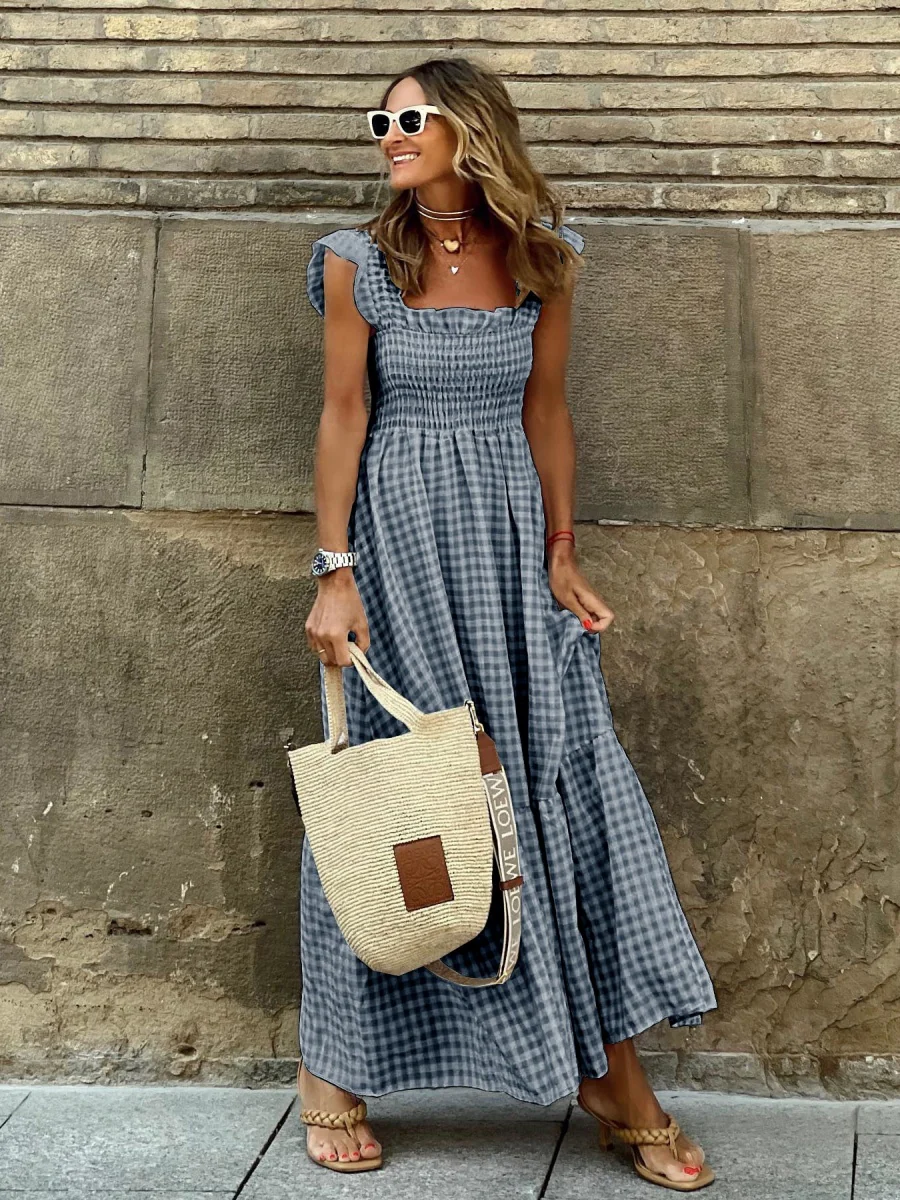 Patchwork Plaid Halter Elasticated Maxi Dress - Image 7