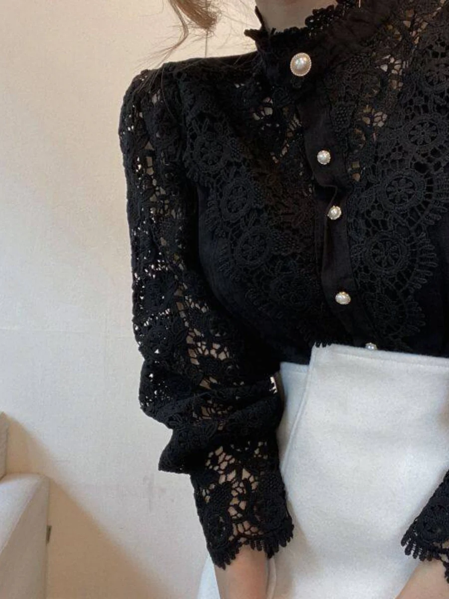 Button-up Lace Openwork Floral Patchwork Shirt - Image 13