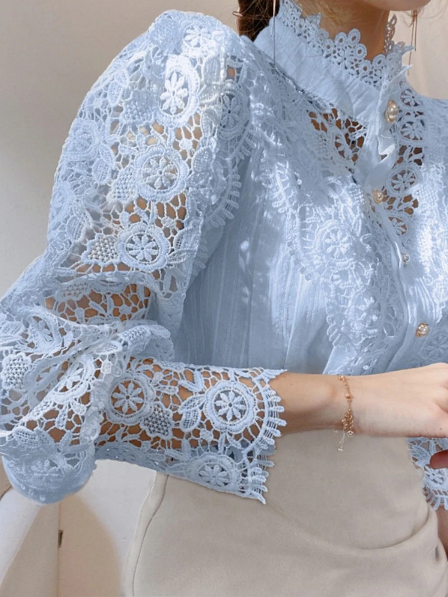 Button-up Lace Openwork Floral Patchwork Shirt - Image 15