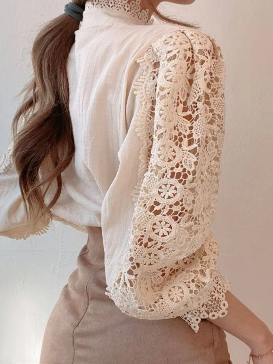 Button-up Lace Openwork Floral Patchwork Shirt - Image 2