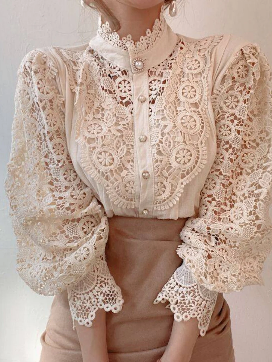 Button-up Lace Openwork Floral Patchwork Shirt - Image 5