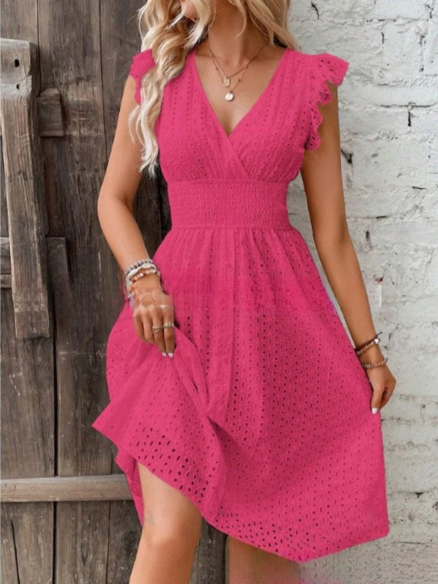7 Colors Lace Flutter Sleeve V-neck Midi Dress - Image 7