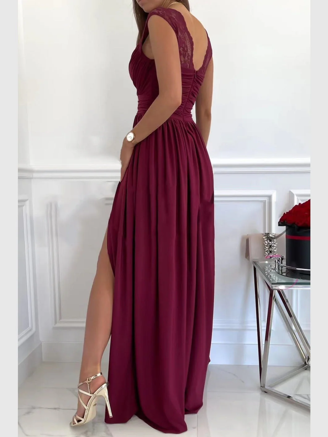 Sleeveless Lace Backless Long Dress With Slit Hem - Image 3