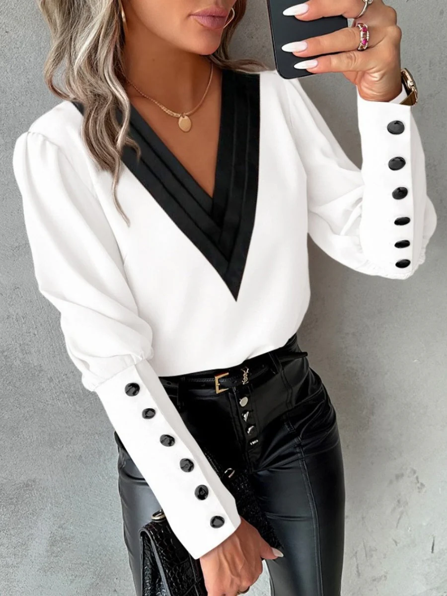 V-neck Solid Color Long-sleeved Button-down Women's Shirt
