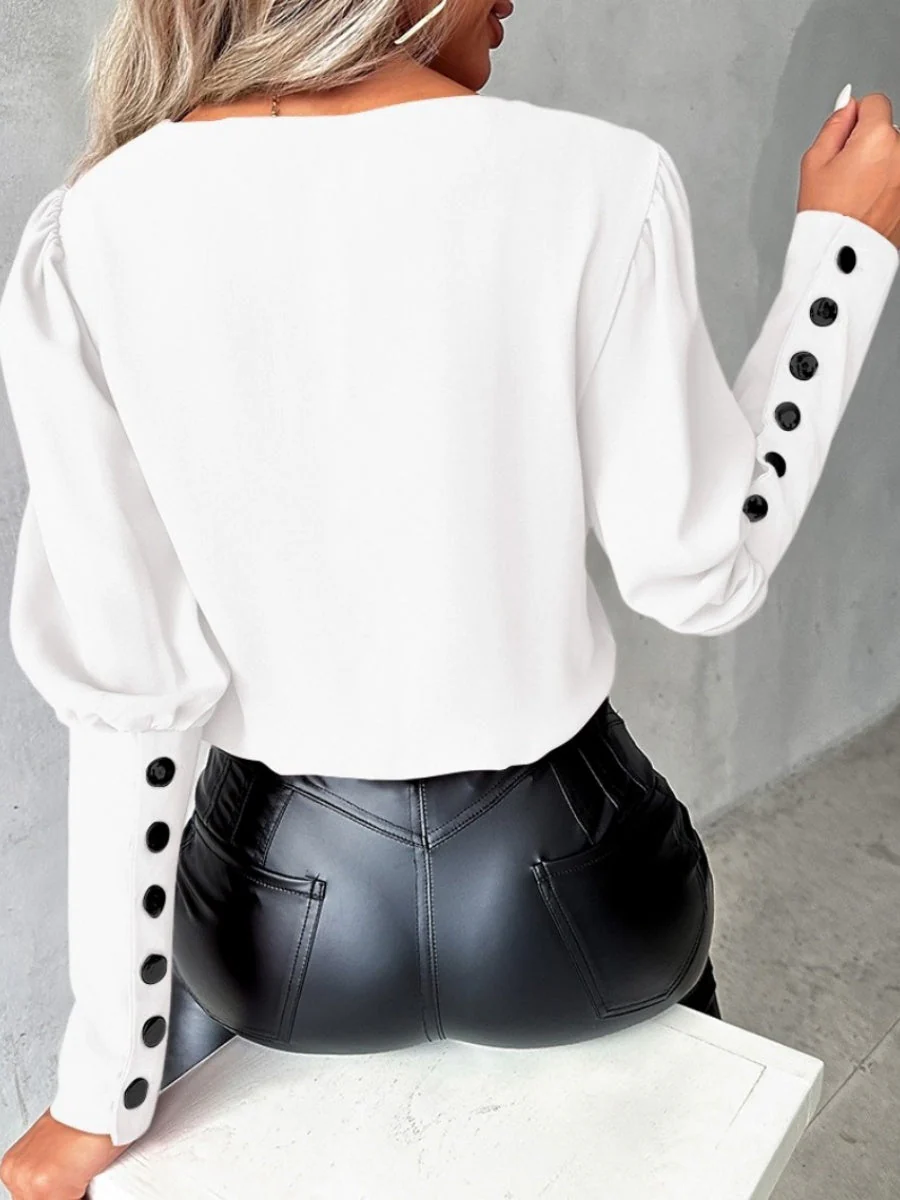 V-neck Solid Color Long-sleeved Button-down Women's Shirt - Image 2