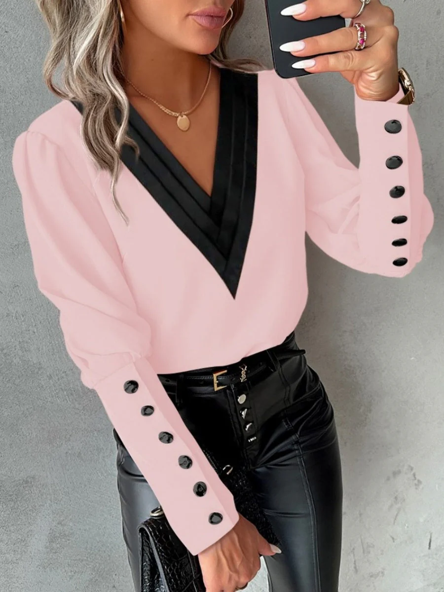 V-neck Solid Color Long-sleeved Button-down Women's Shirt - Image 3