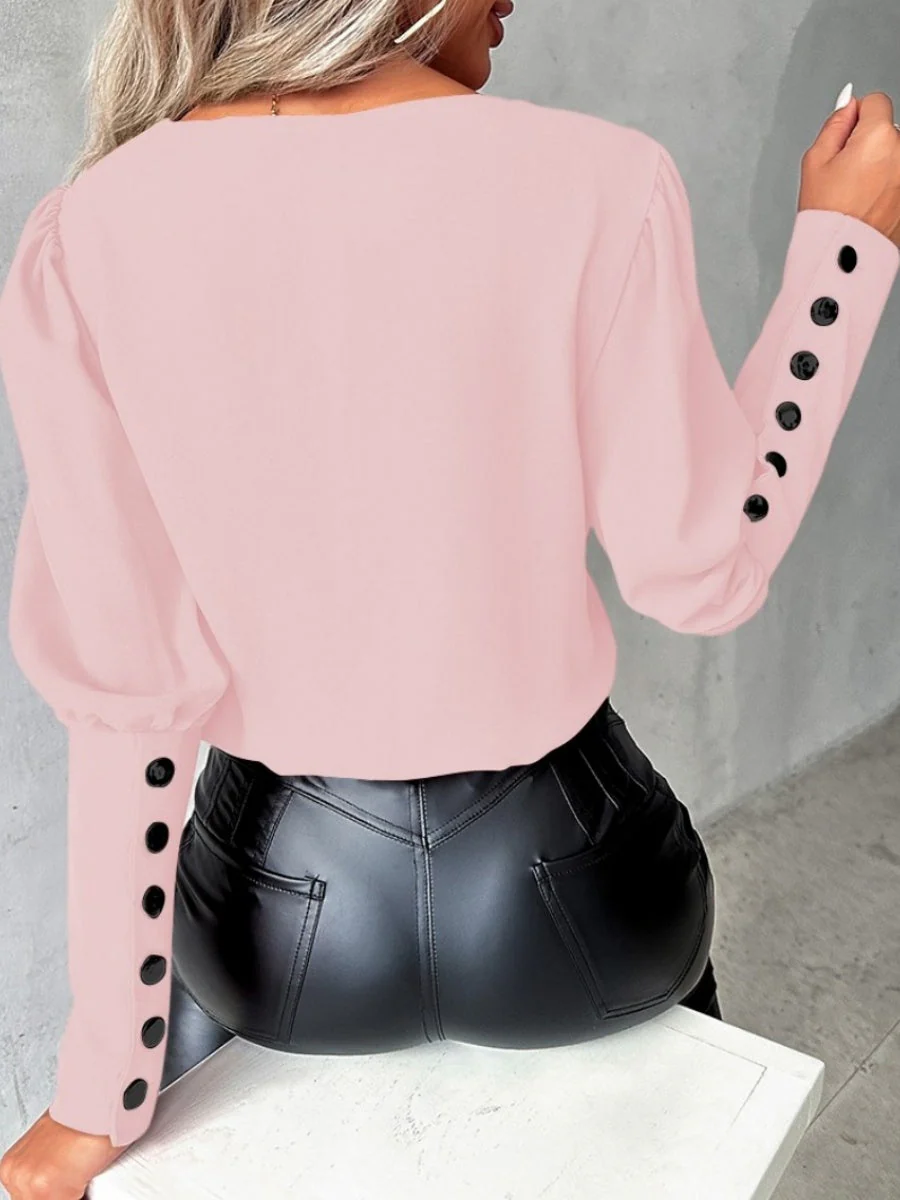 V-neck Solid Color Long-sleeved Button-down Women's Shirt - Image 4