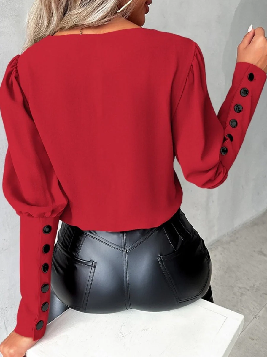 V-neck Solid Color Long-sleeved Button-down Women's Shirt - Image 6