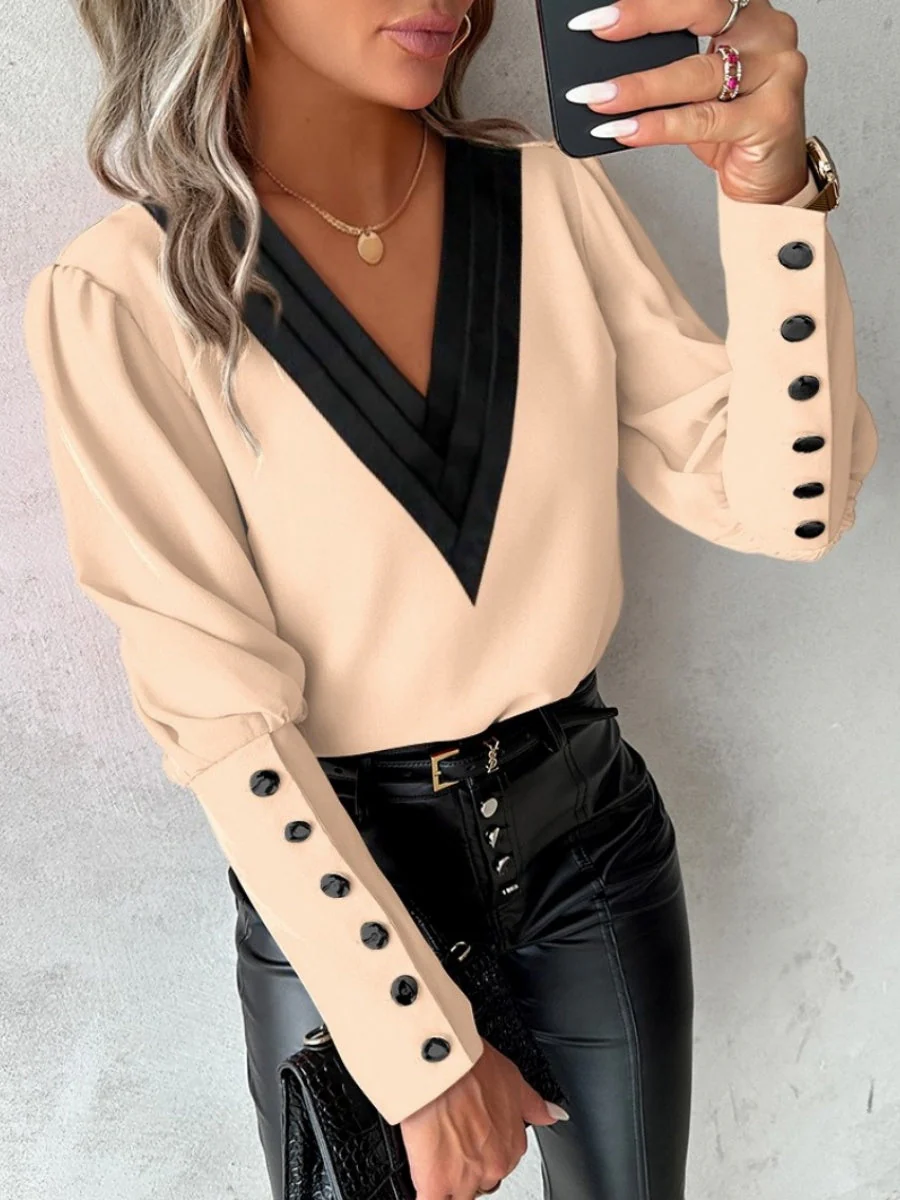 V-neck Solid Color Long-sleeved Button-down Women's Shirt - Image 7