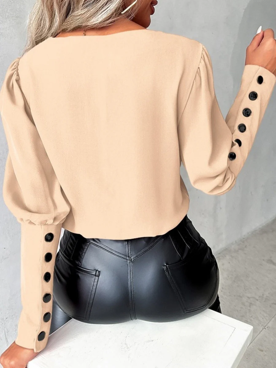 V-neck Solid Color Long-sleeved Button-down Women's Shirt - Image 8
