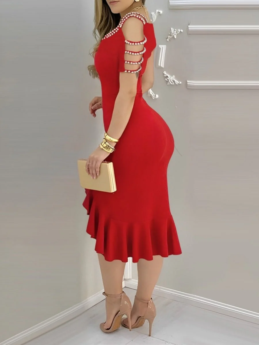 Ruffle Slit Pearl Decoration Midi Dresses - Image 4
