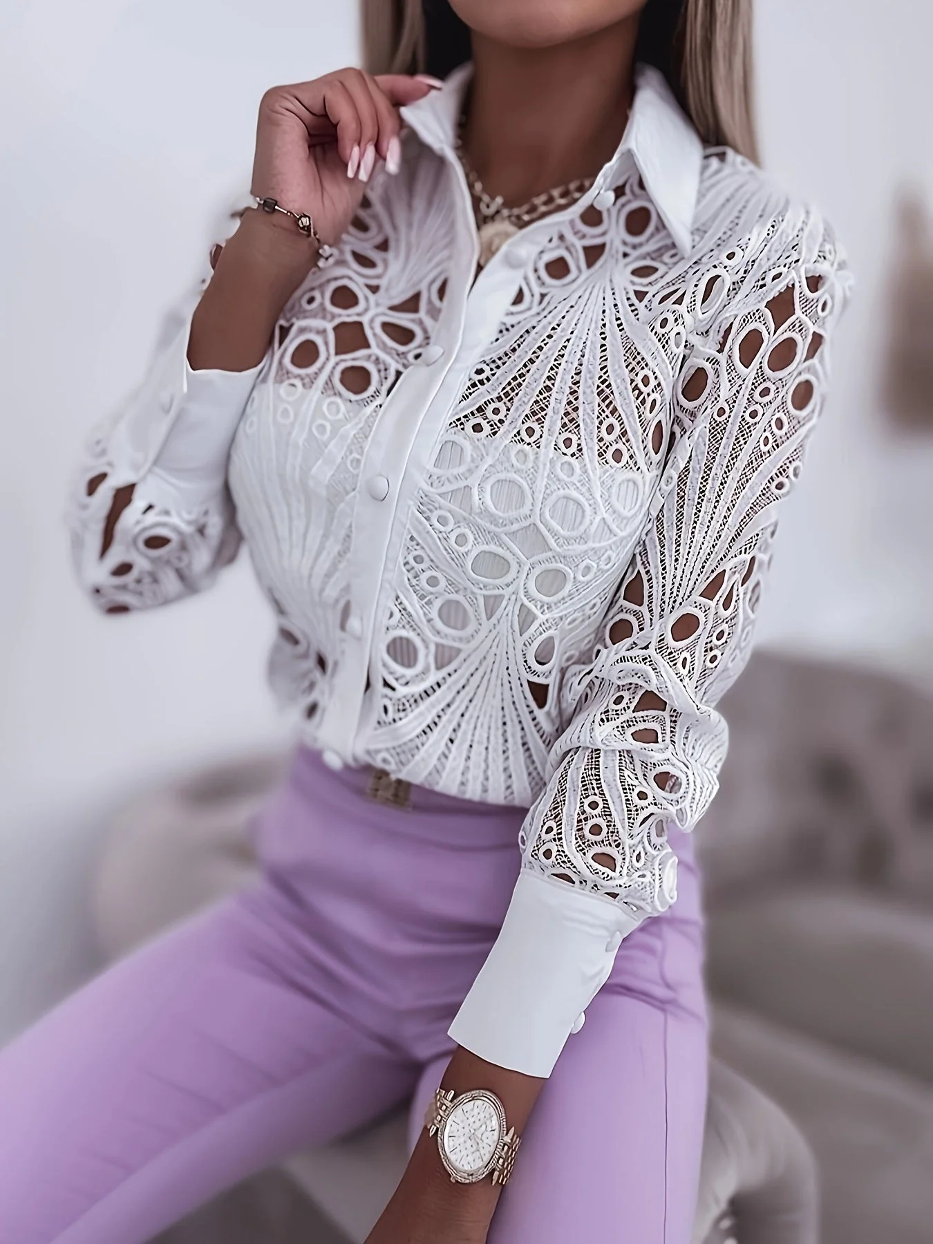 Lace Openwork Long-sleeved Shirt - Image 4