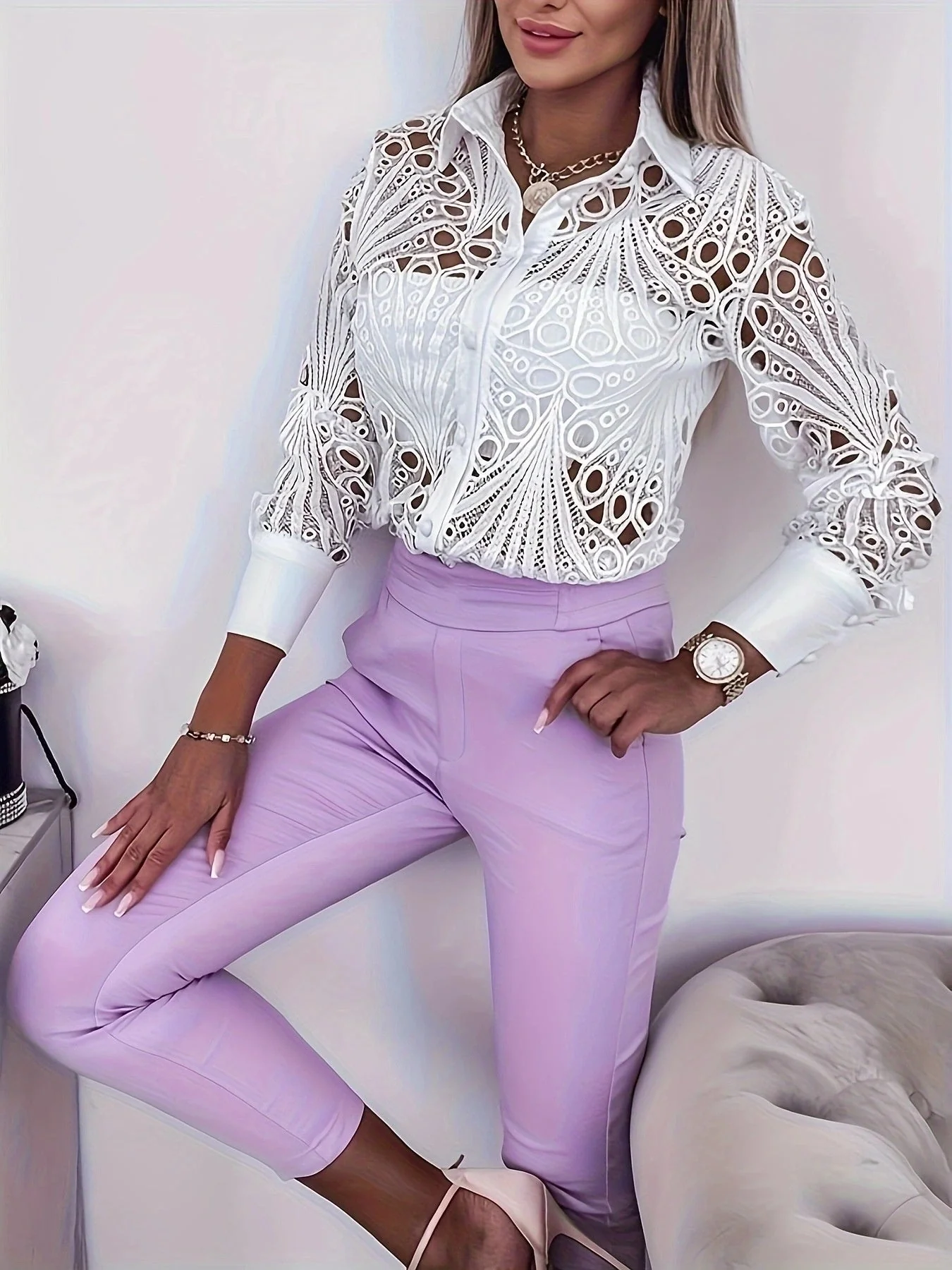 Lace Openwork Long-sleeved Shirt - Image 5