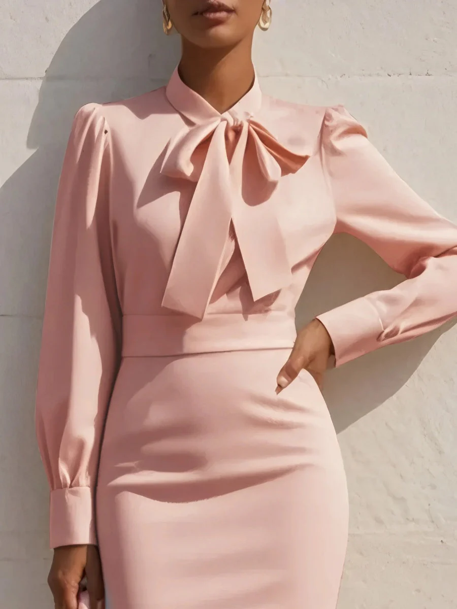 Bow Waist Long Sleeve Midi Dresses - Image 4