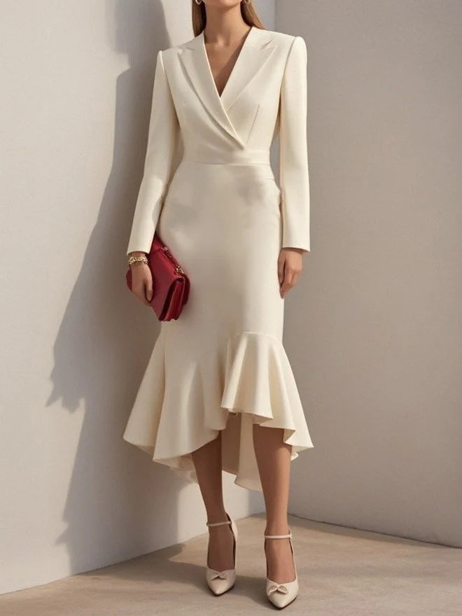 Suit Collar, Elegant, Fitted Waist, Bodycon, Fishtail Midi Dress - Image 3