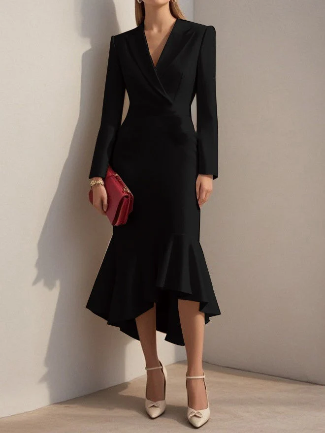 Suit Collar, Elegant, Fitted Waist, Bodycon, Fishtail Midi Dress - Image 5
