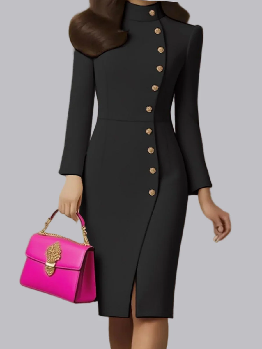 Long Sleeve Stand Collar Slim Fit Metal Single-breasted Buckle With Vents Midi Dresses - Image 3