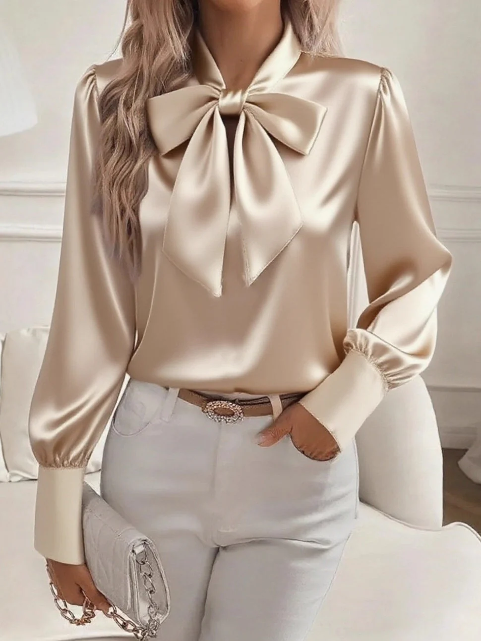 Long-sleeved Satin Shirt With Bow - Image 3