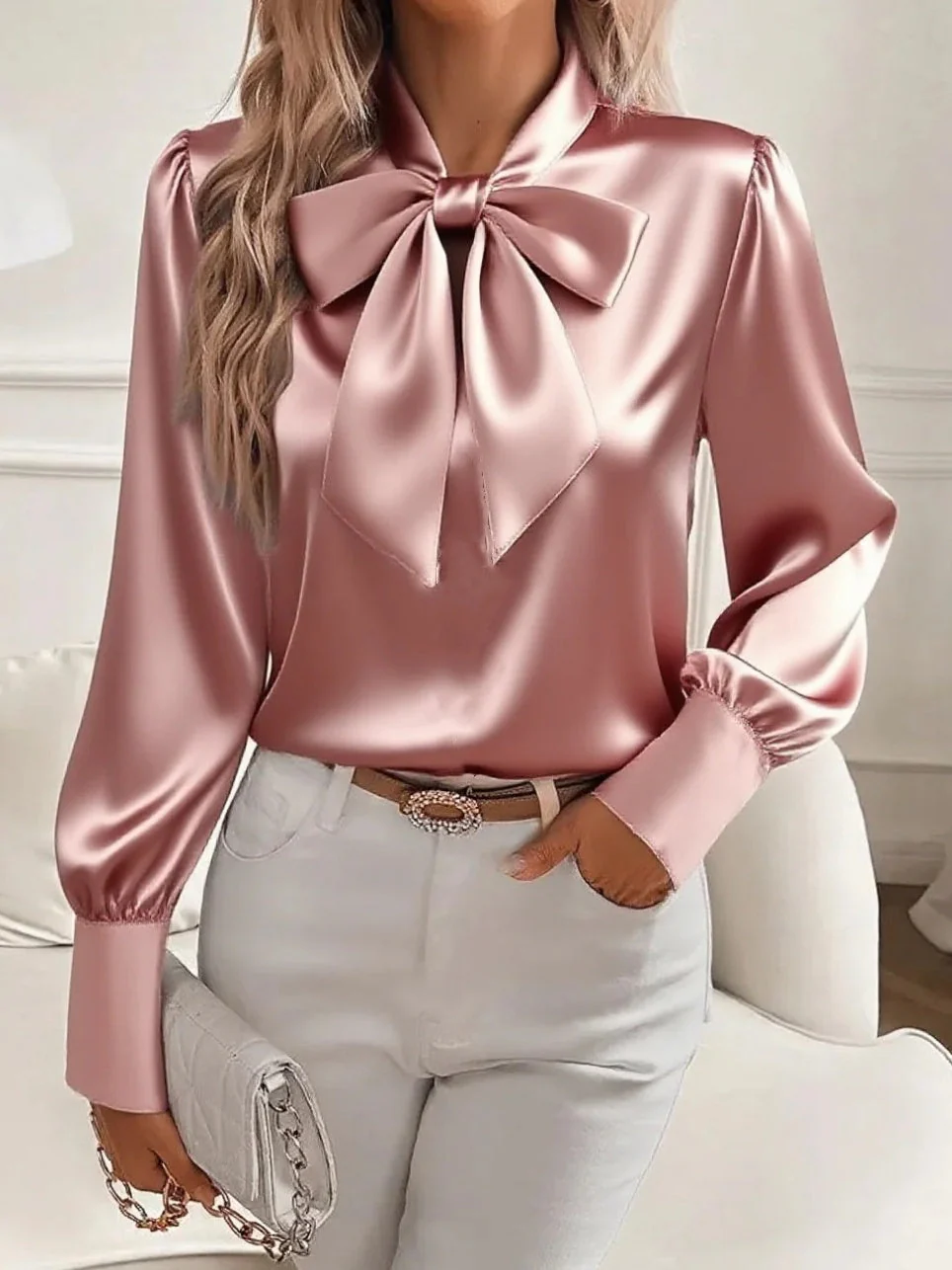 Long-sleeved Satin Shirt With Bow - Image 4