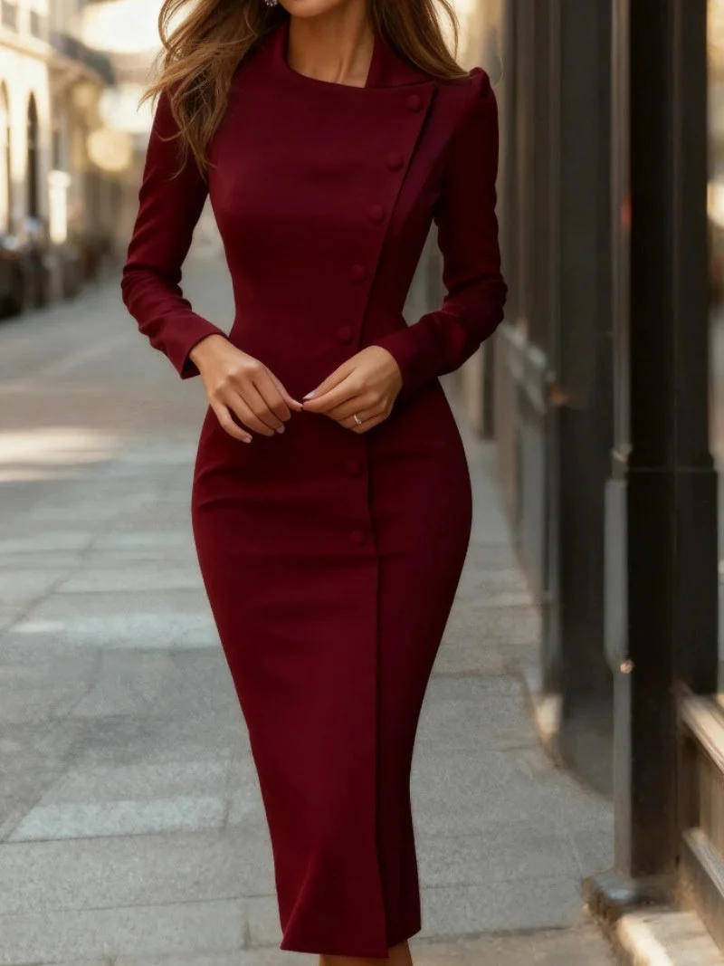 Asymmetrical Single-breasted Slim-fit Midi Dress - Image 4