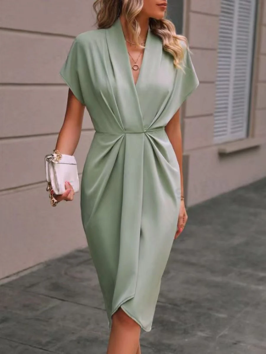 V-neck Solid Color Sleeveless Pleated Mini&Short Dresses - Image 2