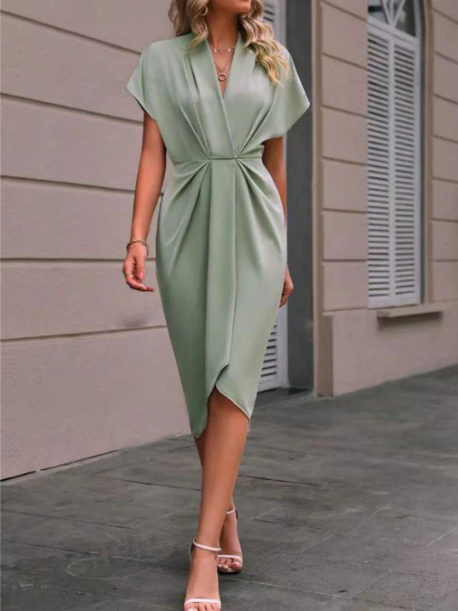 V-neck Solid Color Sleeveless Pleated Mini&Short Dresses - Image 3