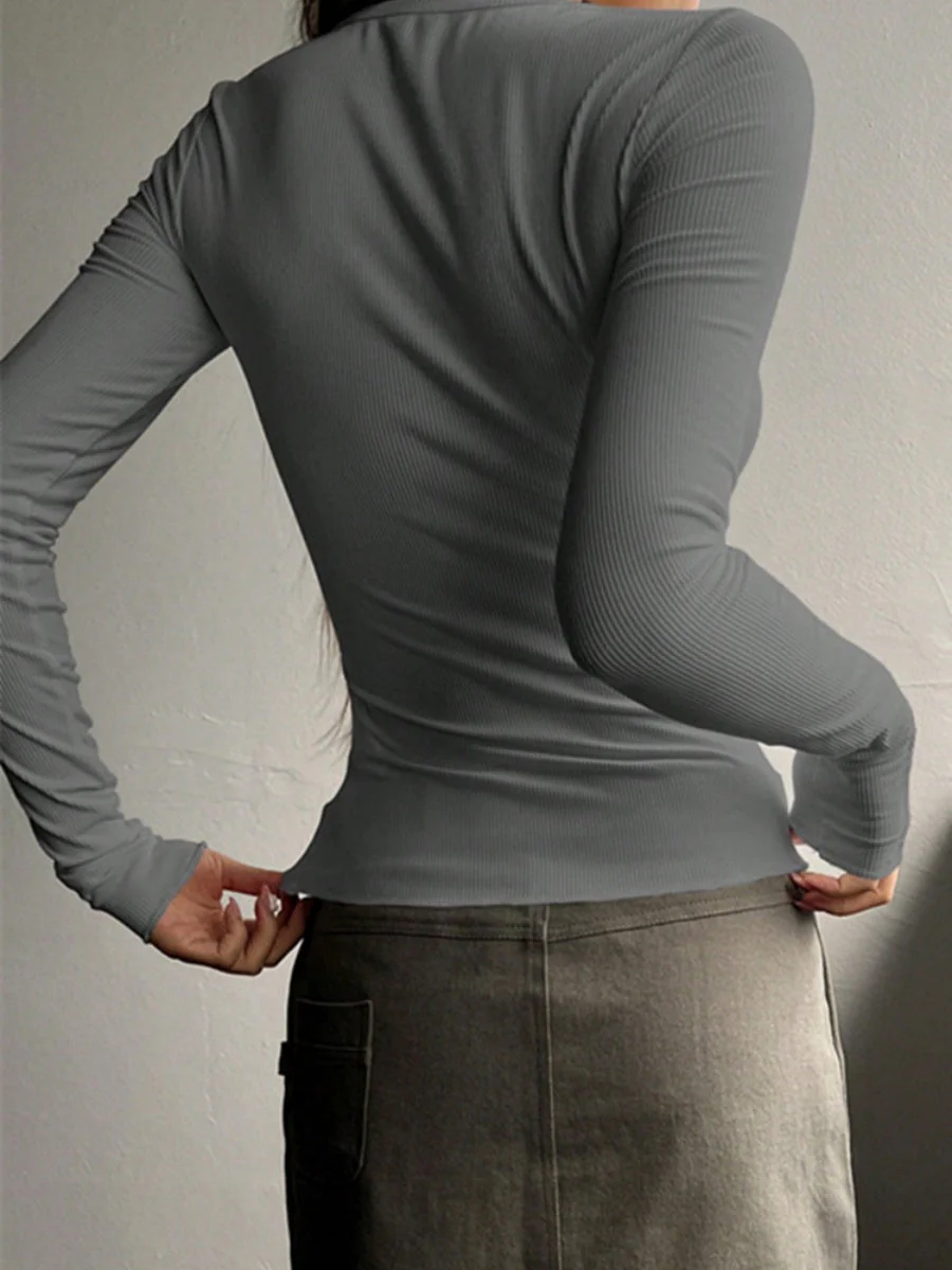 Pullover Button Long-sleeved T-shirt - Image 4