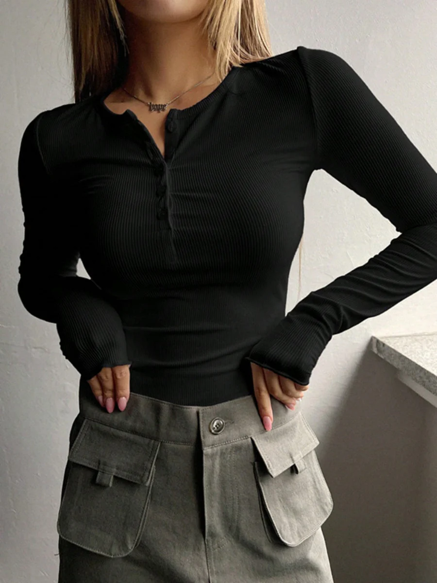 Pullover Button Long-sleeved T-shirt - Image 9