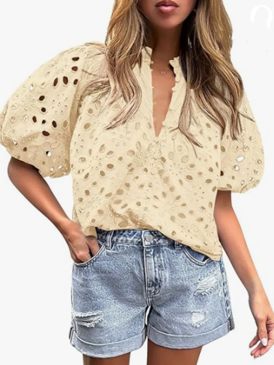 V-neck Buttons Hollow Lace Embroidery Shirts - Image 11