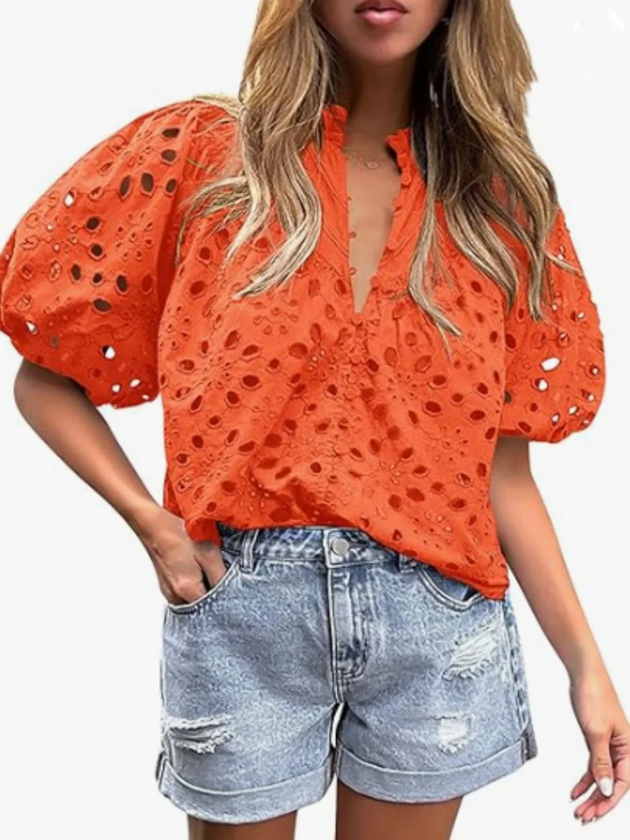 V-neck Buttons Hollow Lace Embroidery Shirts - Image 12