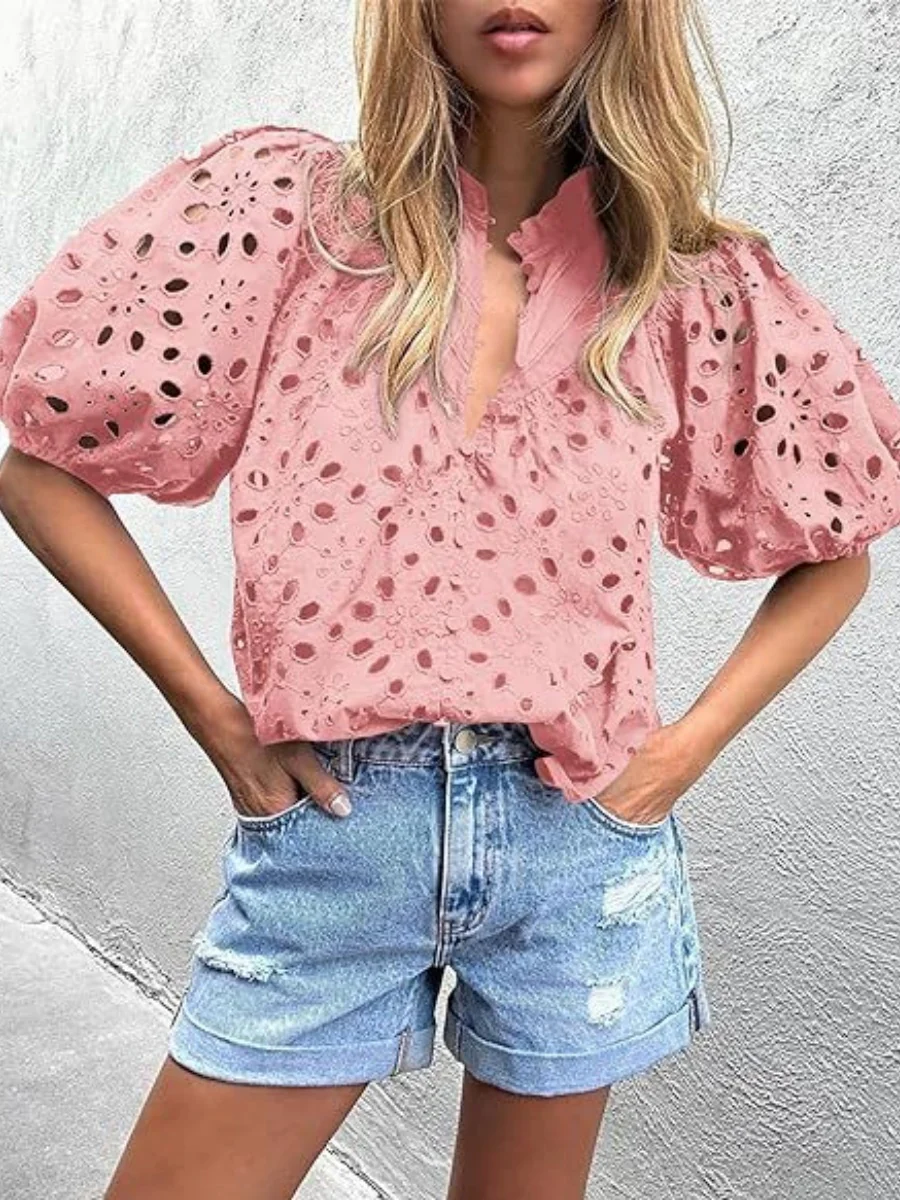 V-neck Buttons Hollow Lace Embroidery Shirts - Image 13