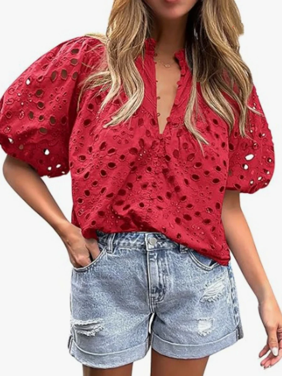 V-neck Buttons Hollow Lace Embroidery Shirts - Image 14