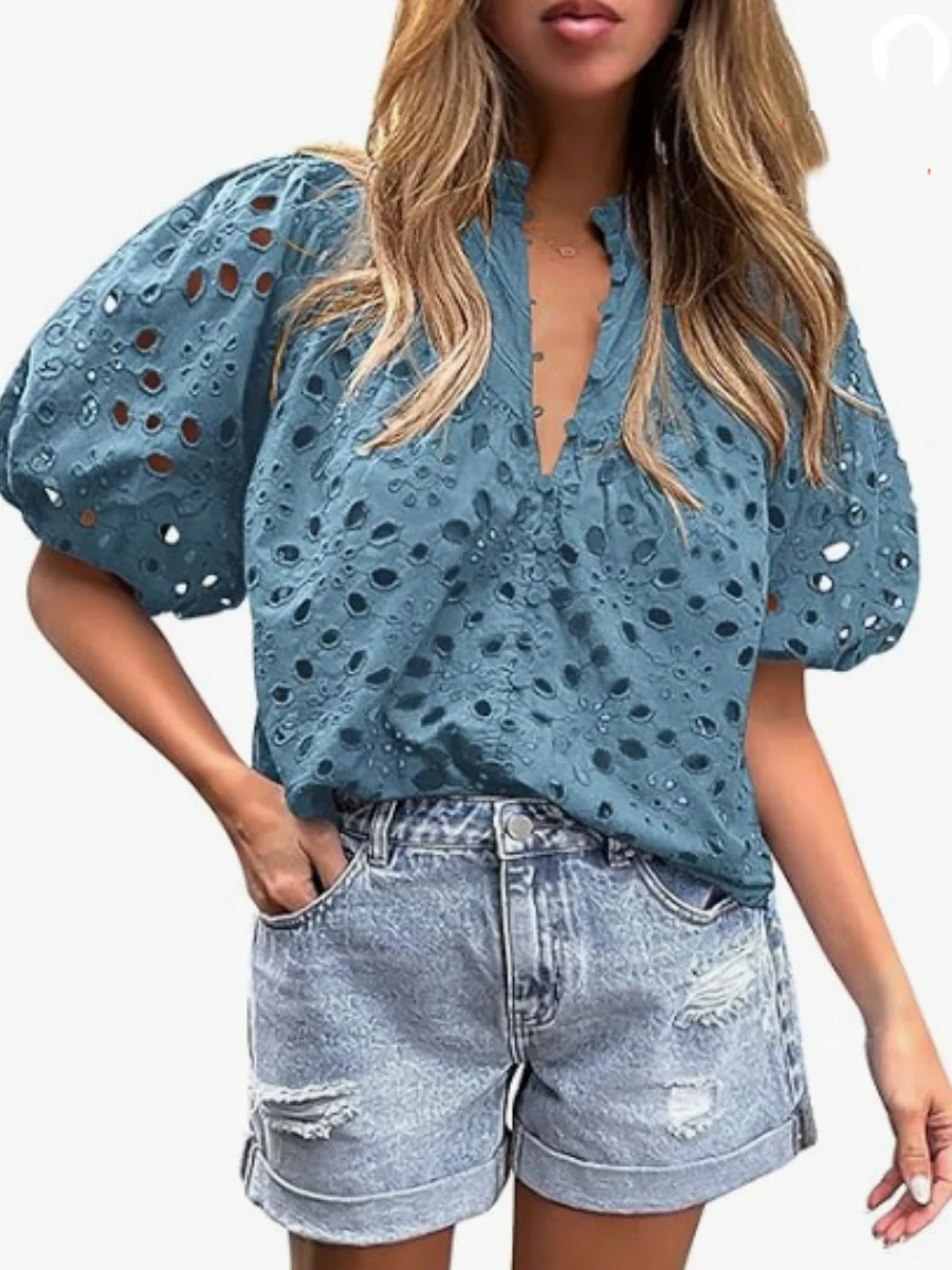 V-neck Buttons Hollow Lace Embroidery Shirts - Image 15