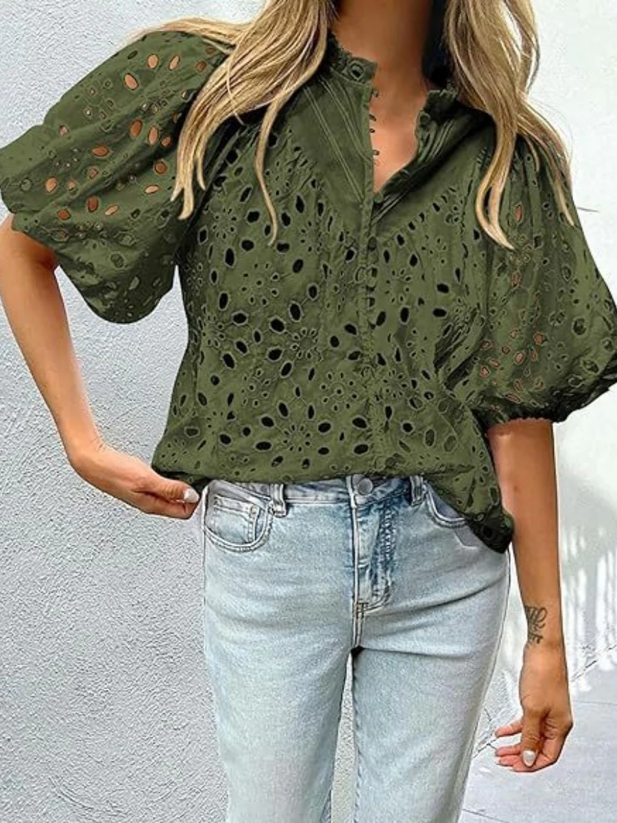 V-neck Buttons Hollow Lace Embroidery Shirts - Image 2