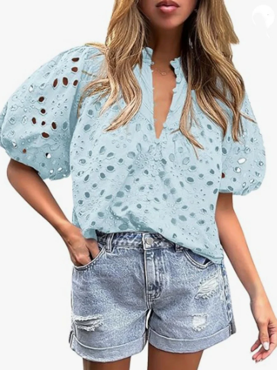 V-neck Buttons Hollow Lace Embroidery Shirts - Image 3